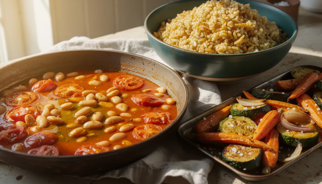 Four shallow bowls on a wooden table holding cooked bulgur, braised chickpeas, roasted peppers and onions, and a lemon dressing, with herbs and a lemon half beside them