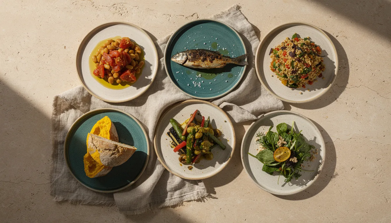 A kitchen counter laid out with a week of ingredients: tins of chickpeas and sardines, dried lentils, bulgur, lemons, tomatoes, cucumbers, a bunch of parsley, eggs, feta and a bottle of olive oil