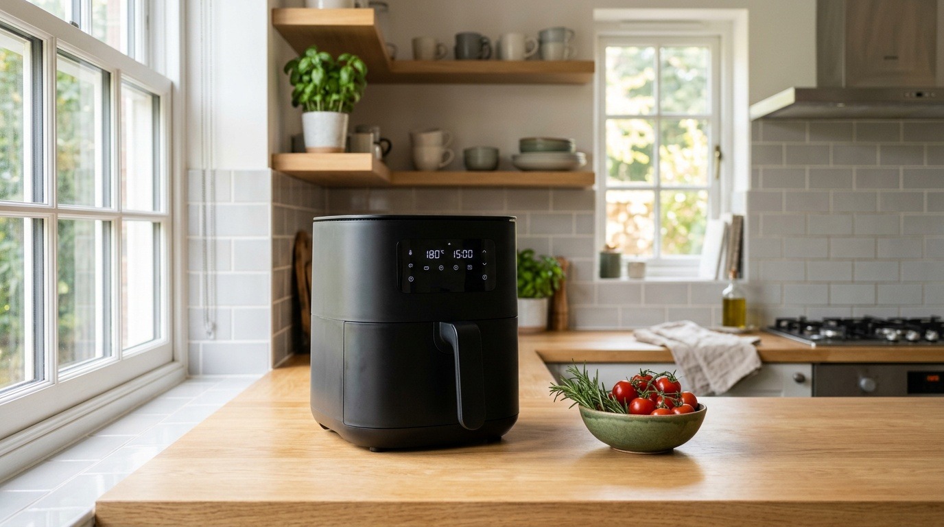 A plain air fryer beside tomatoes and herbs on a sunlit kitchen counter.