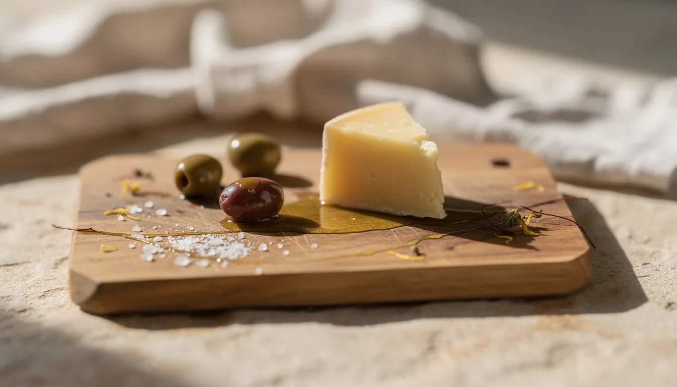 A kitchen counter with a block of butter and a packet of biscuits set to one side of a bottle of olive oil, a bowl of olives and fresh tomatoes