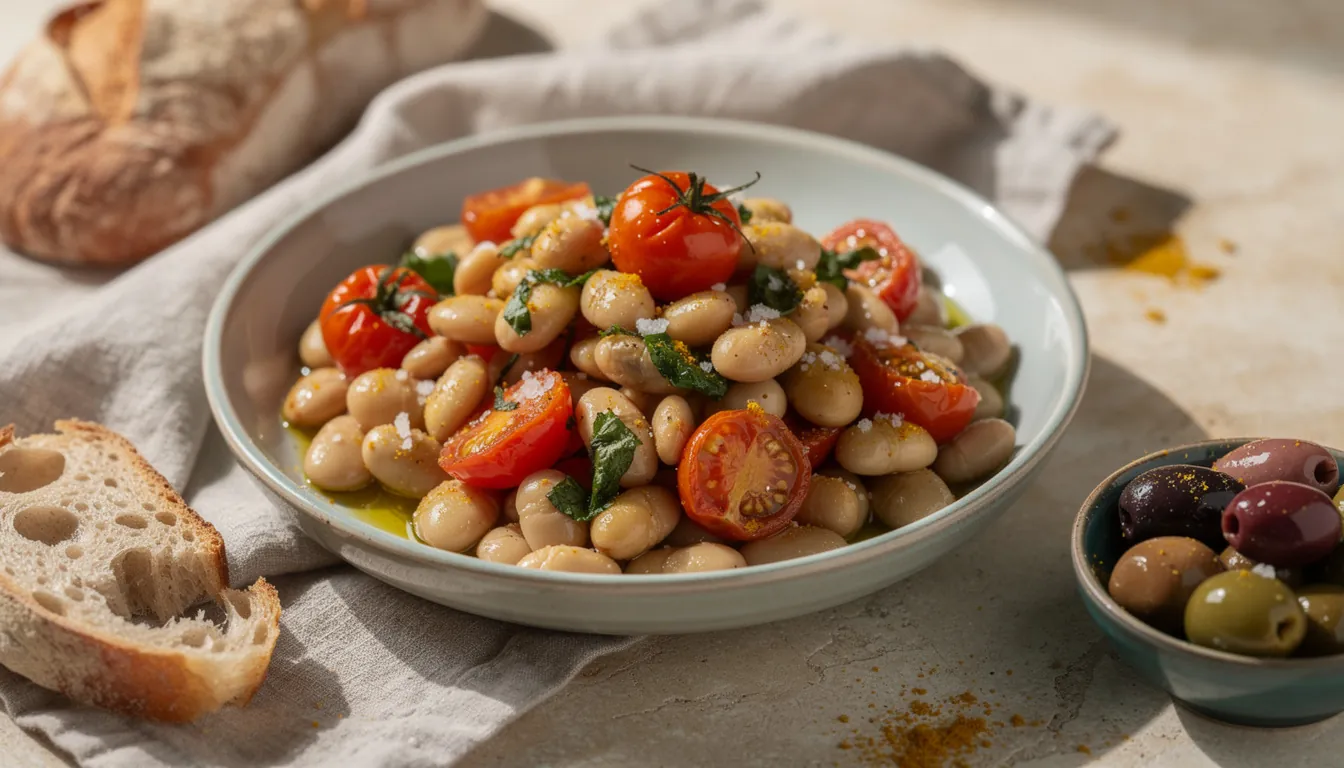 A shallow bowl of olive-oil-dressed white beans with blistered tomatoes and torn herbs, beside bread and olives