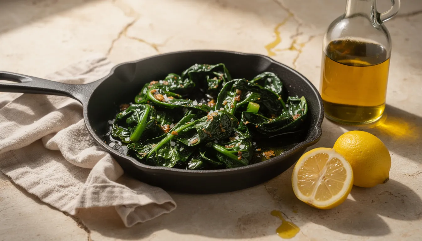 A pan of chickpeas and greens cooking in olive oil beside a chopping board of garlic and lemon