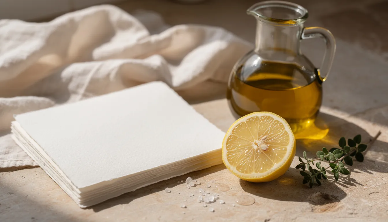 A printed meal plan on a limestone counter beside a small jug of olive oil, a lemon half and oregano