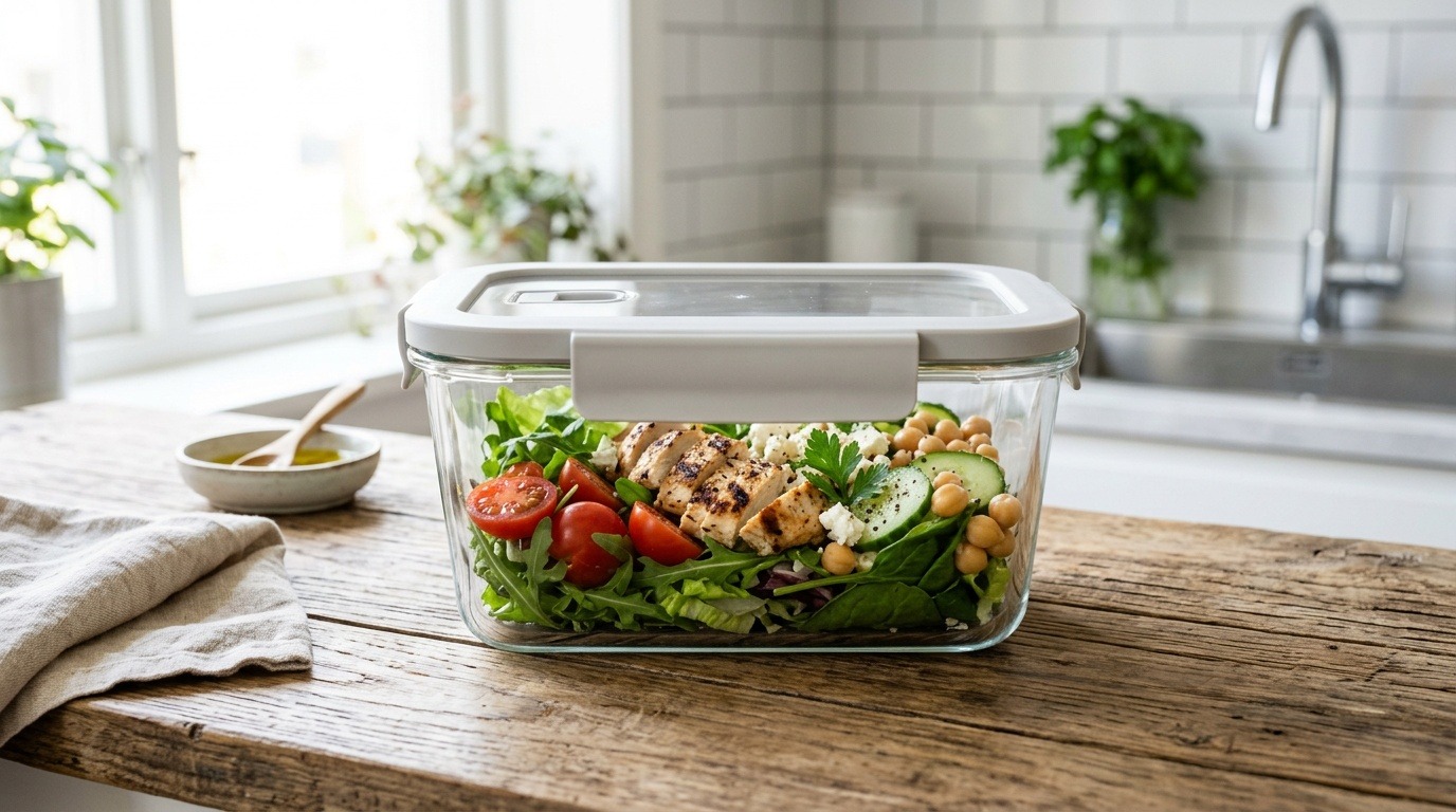 Unbranded glass meal prep containers arranged on a kitchen counter.