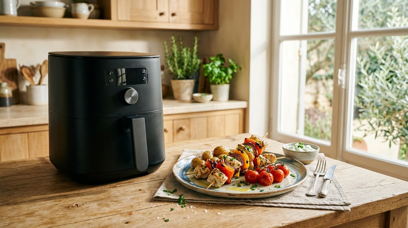 An air fryer beside chicken and vegetable skewers with a bowl of yogurt sauce