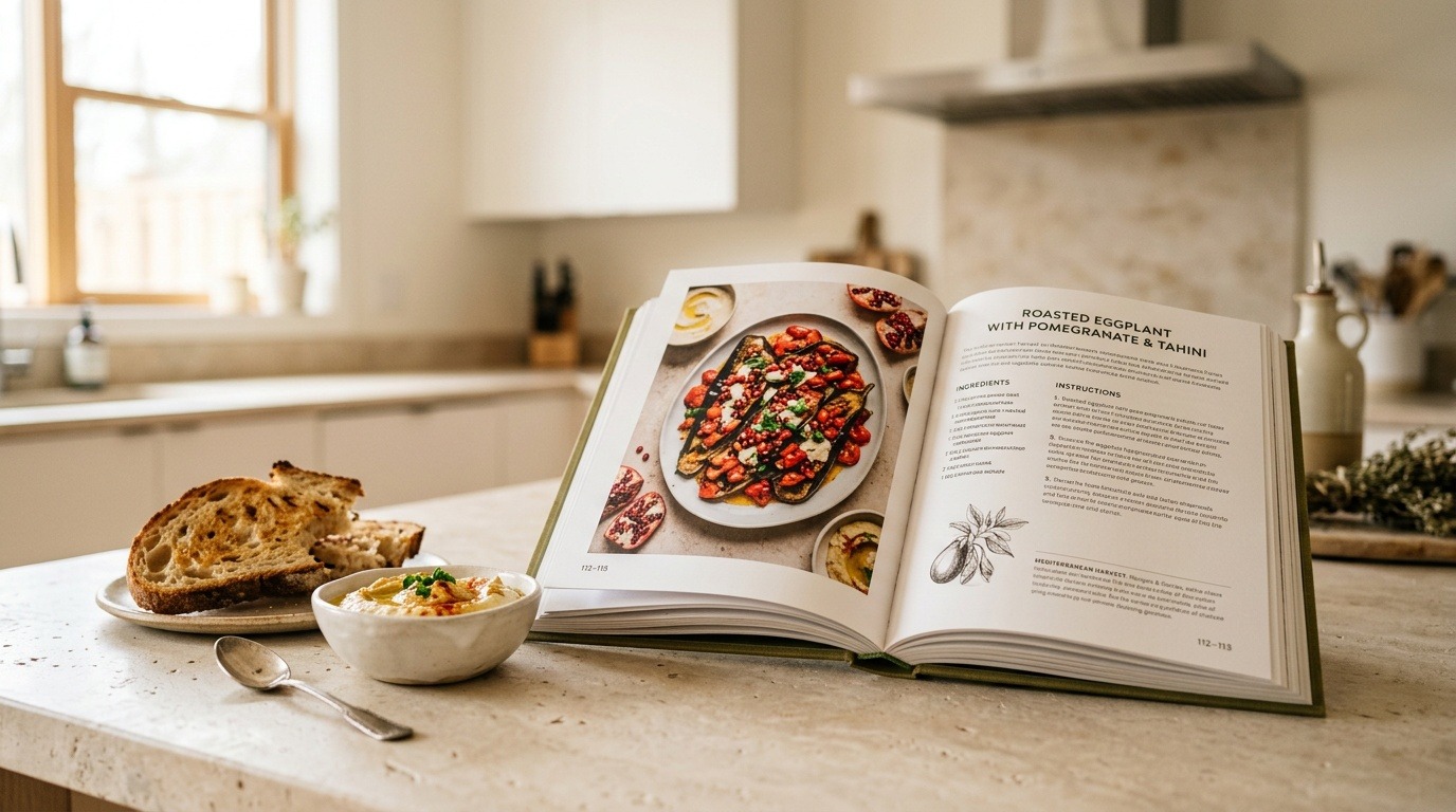 An open, unbranded cookbook on a kitchen counter beside prepared food.