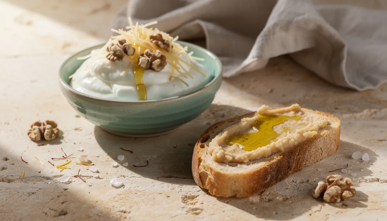 A bowl of Greek yogurt with figs and walnuts beside toast topped with mashed white beans and olive oil