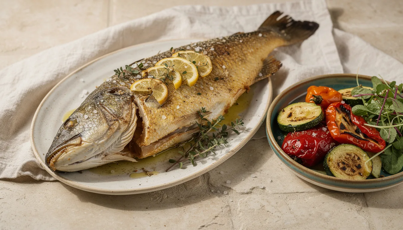 A whole roasted fish with lemon and oregano beside roast peppers and dressed greens