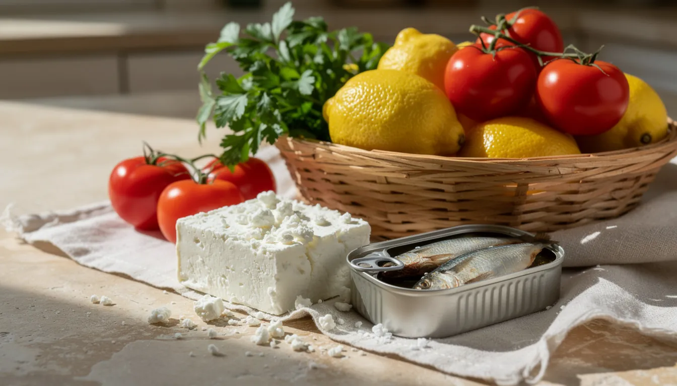 A supermarket trolley holding tomatoes, lemons, a bag of oranges, tinned chickpeas, wholewheat pasta and a bottle of olive oil