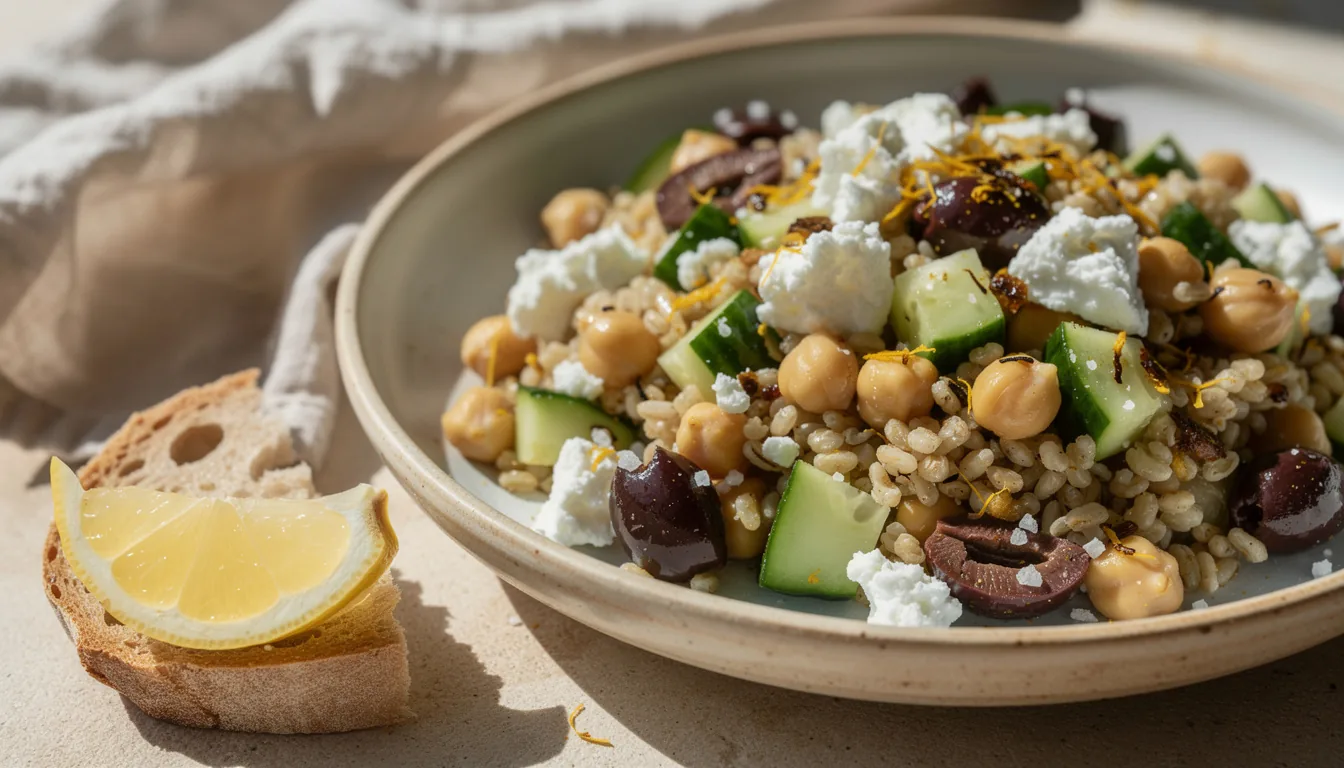 A bowl of grain salad with chickpeas, cucumber, olives and white cheese beside lemon and bread