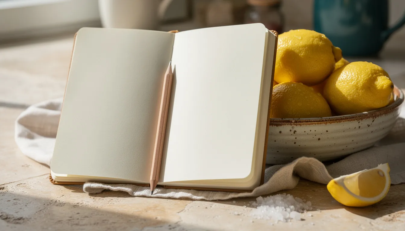 A printed weekly meal plan and shopping list held to a fridge door with magnets, next to a bowl of lemons and a bottle of olive oil on the counter