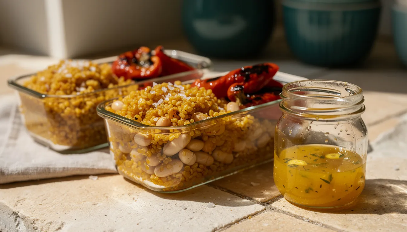 An overhead table scene with a bowl of lentil soup, a plate of roasted vegetables, a dish of olives, sliced tomatoes with feta, wholegrain bread and a bottle of olive oil