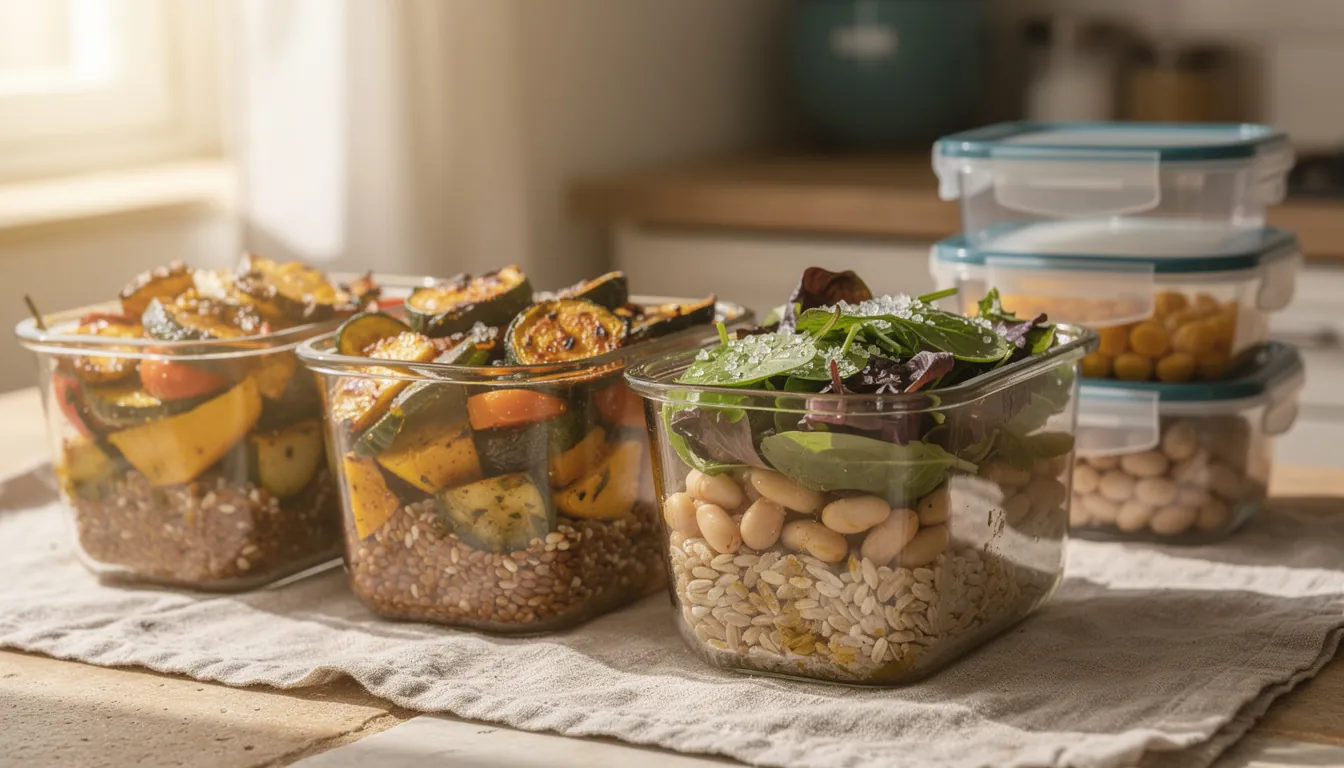 Open glass containers of cooked farro, chickpeas, roast peppers and lemon dressing on a kitchen counter