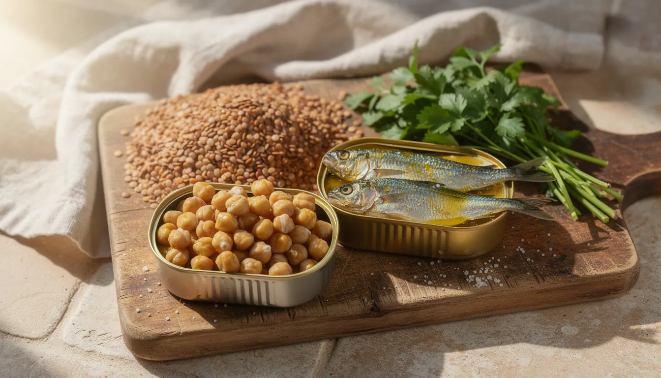 A pantry shelf lined with tins of sardines and chickpeas, jars of dried lentils, bulgur and oats, a bag of onions and a plain bottle of olive oil