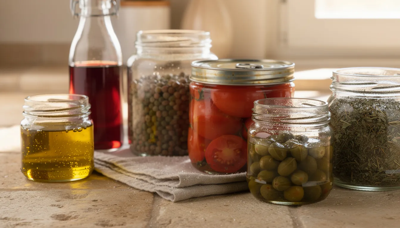 Open shelves holding jars of lentils, bulgur and oats beside tins of tomatoes and sardines, a bottle of olive oil, garlic and lemons
