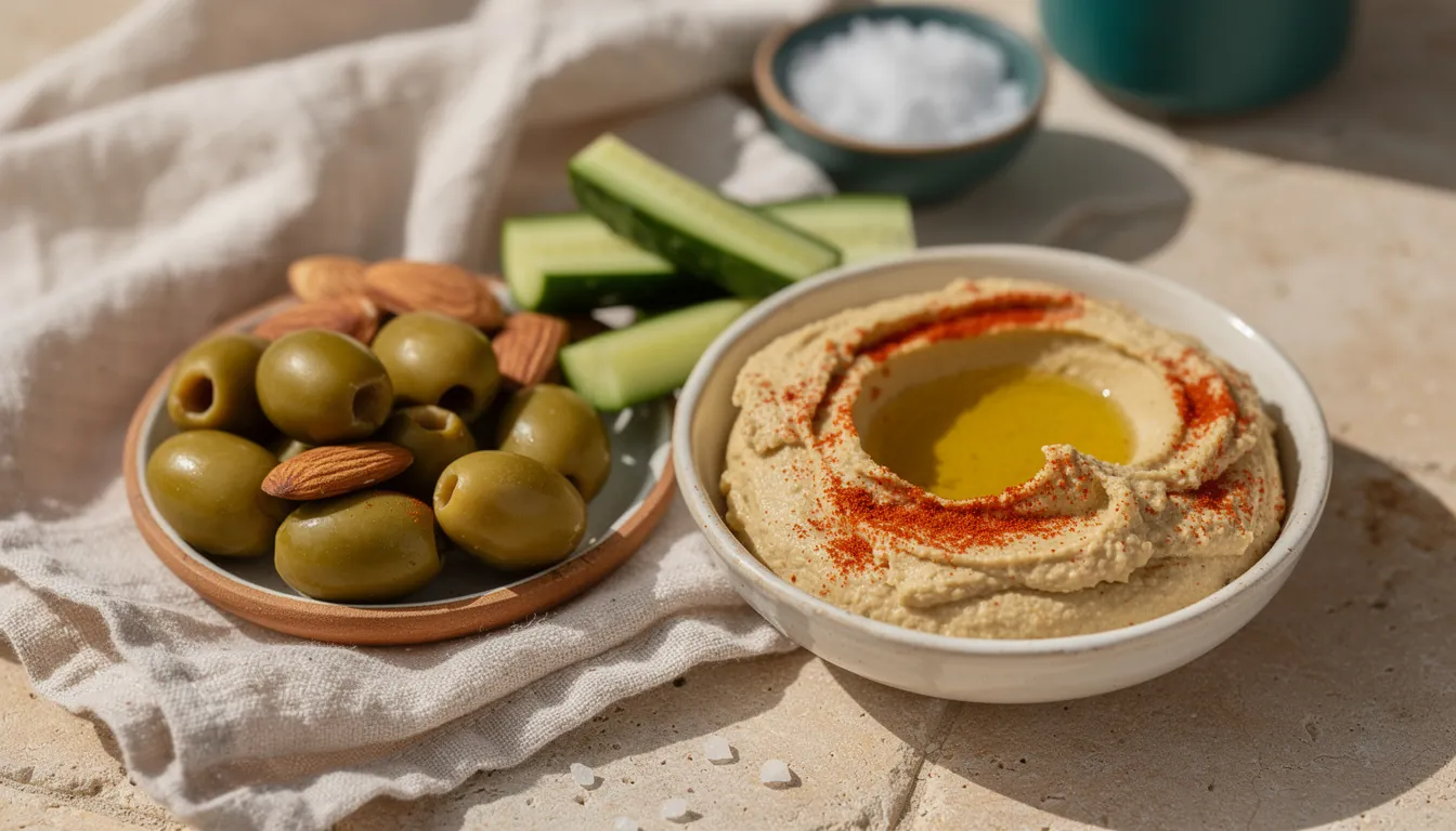 Small bowls of olives, almonds, hummus with cucumber strips and roasted spiced chickpeas on a wooden board