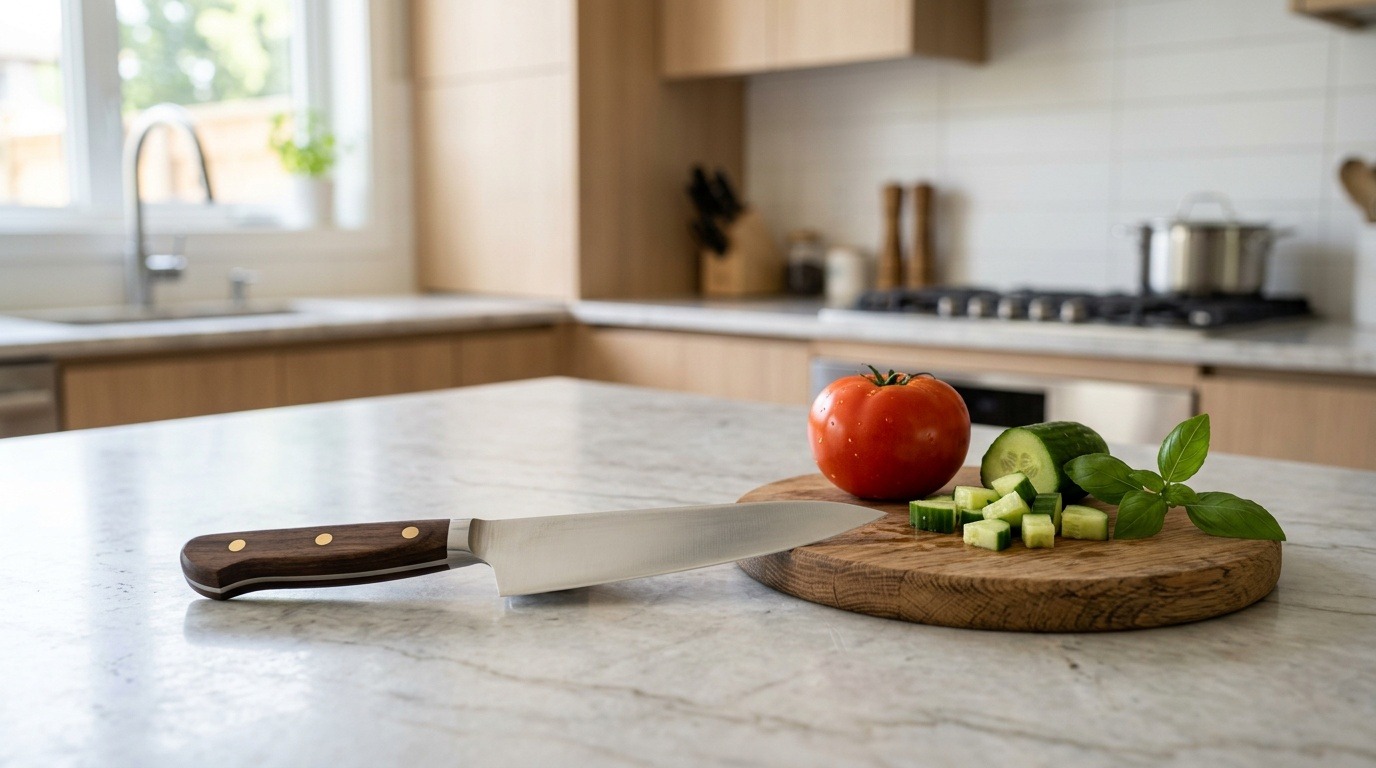 An unbranded chef's knife beside vegetables on a kitchen worktop.