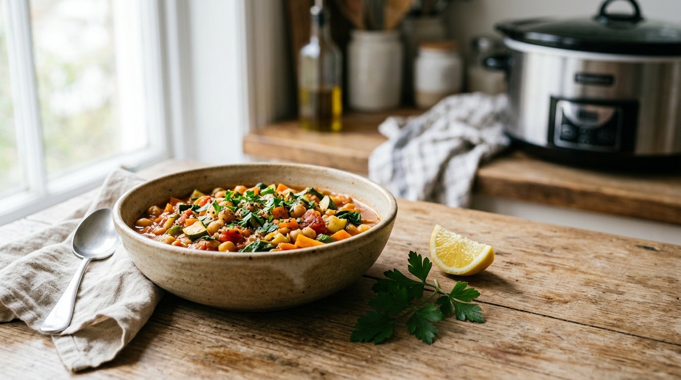 Brand-free bowl of slow-cooked beans, tomatoes and vegetables with lemon and parsley on a warm stone counter
