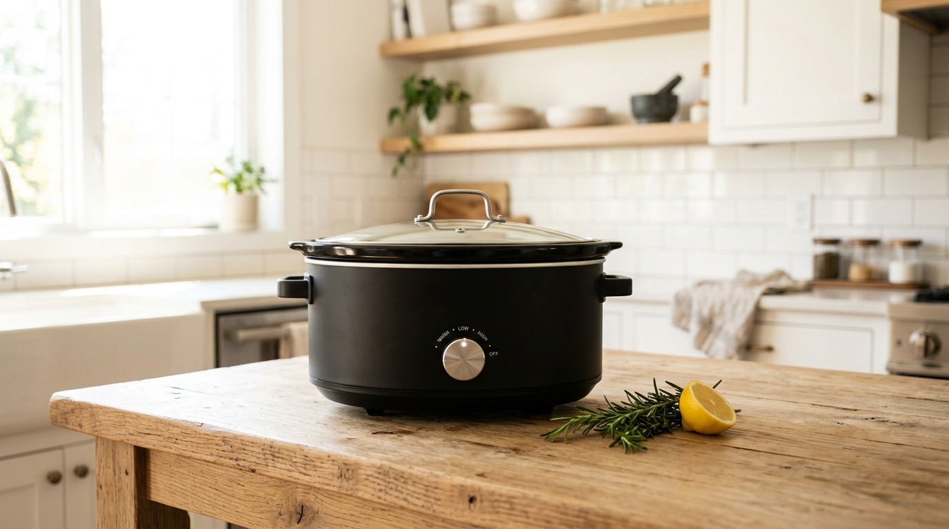 A plain slow cooker beside lemon and herbs on a kitchen counter.