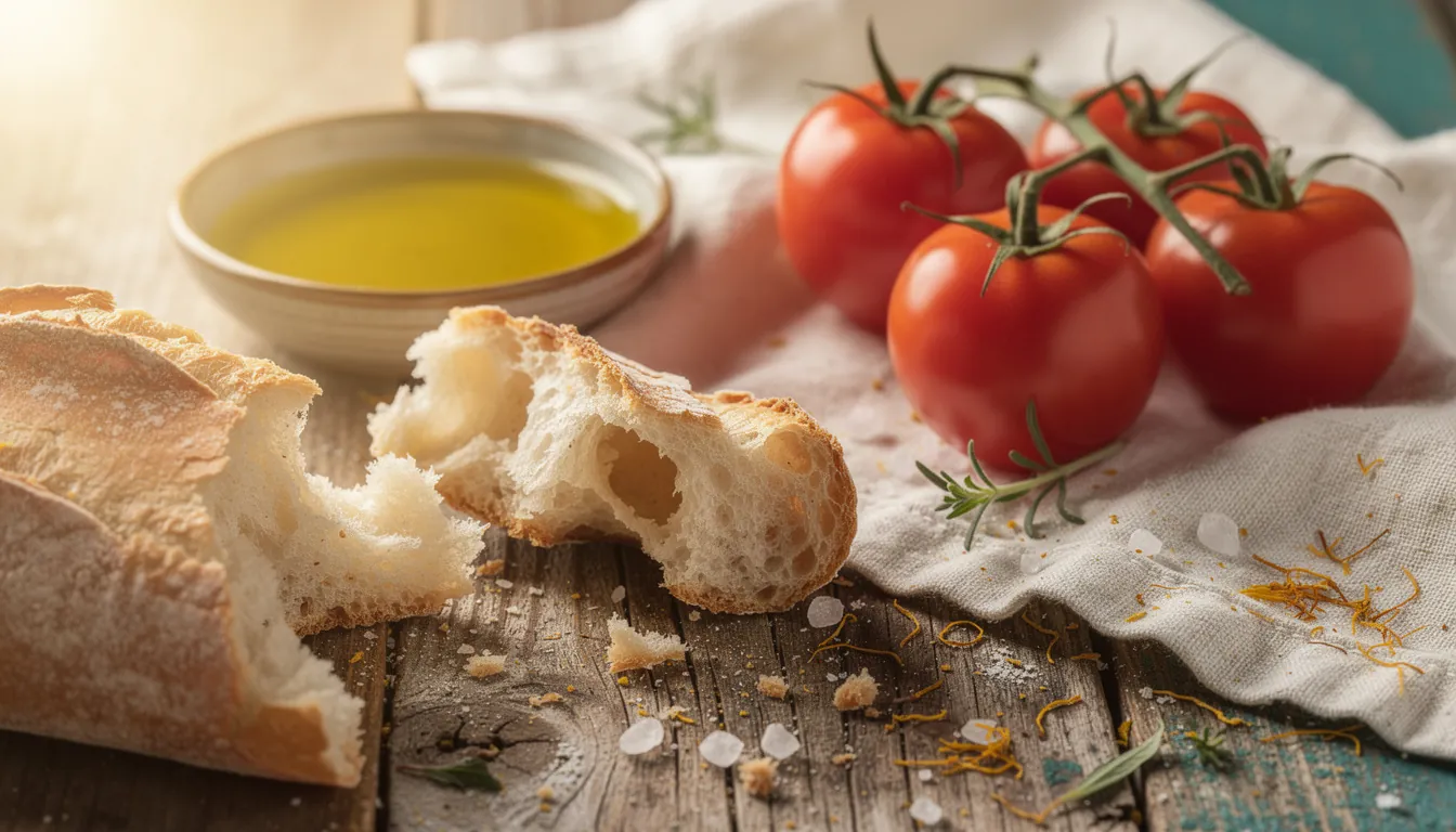 A shared table laid with bread, olives, grilled fish, salad and a jug of water